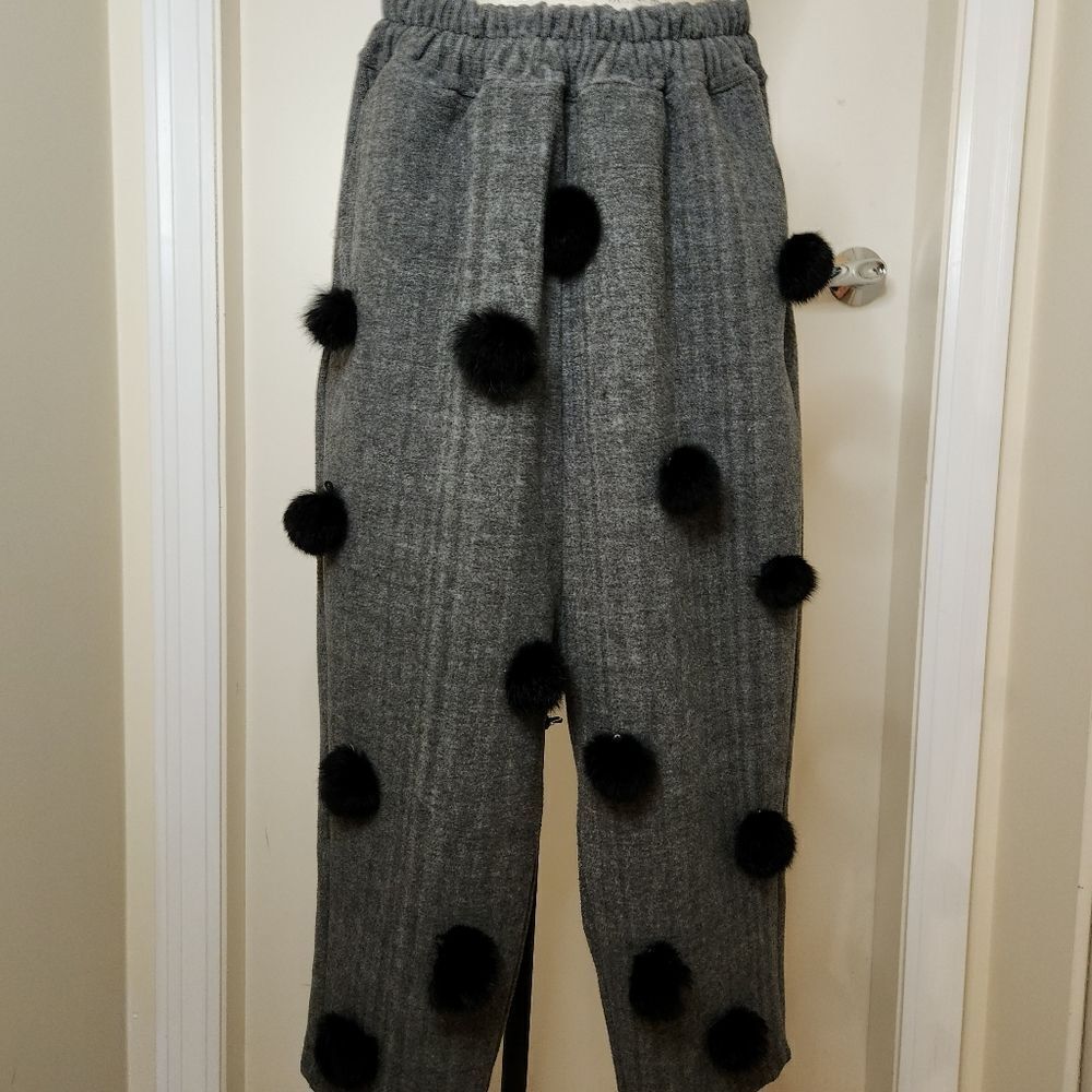 Fur Pompom Wool Jogger Pants